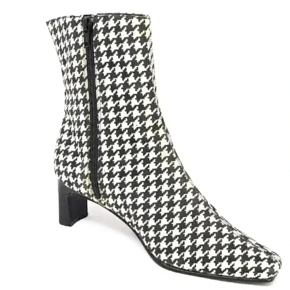 Black White Houndstooth Low Heel Bootie Size 6.5 US Retro Square Toe Ankle Boots